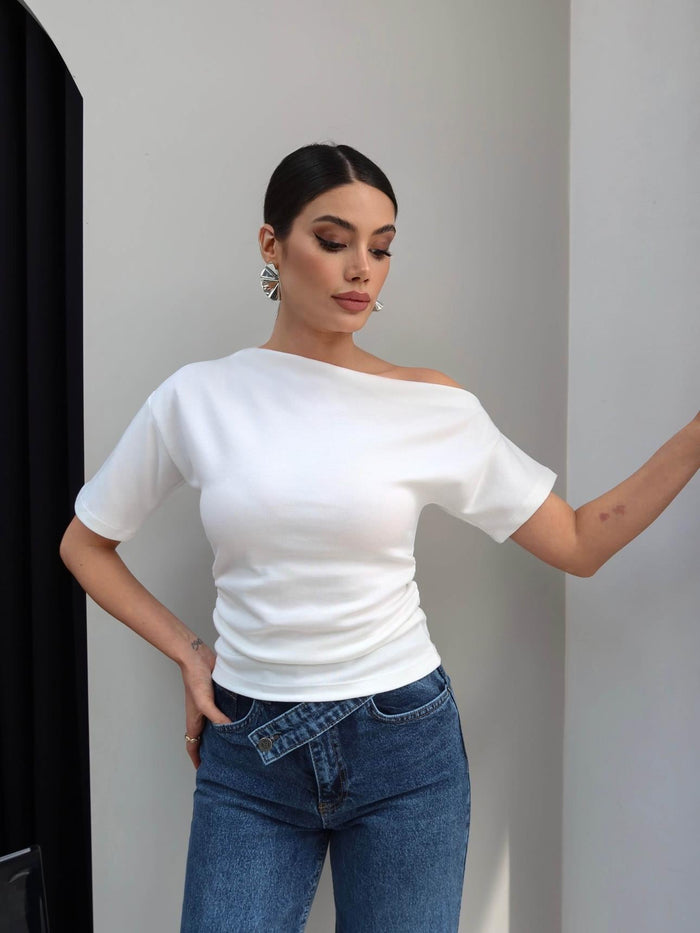One-Shoulder Blouse with Side Gathering
