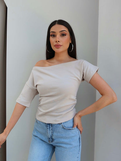 One-Shoulder Blouse with Side Gathering