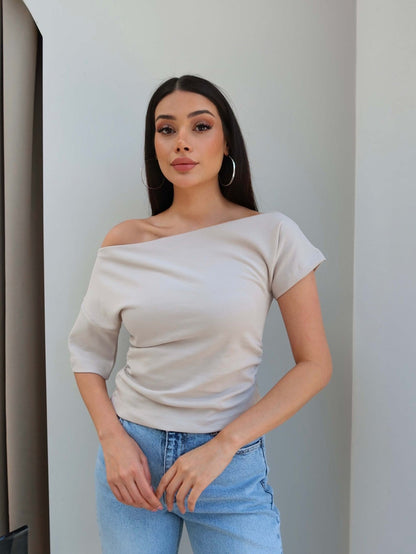 One-Shoulder Blouse with Side Gathering