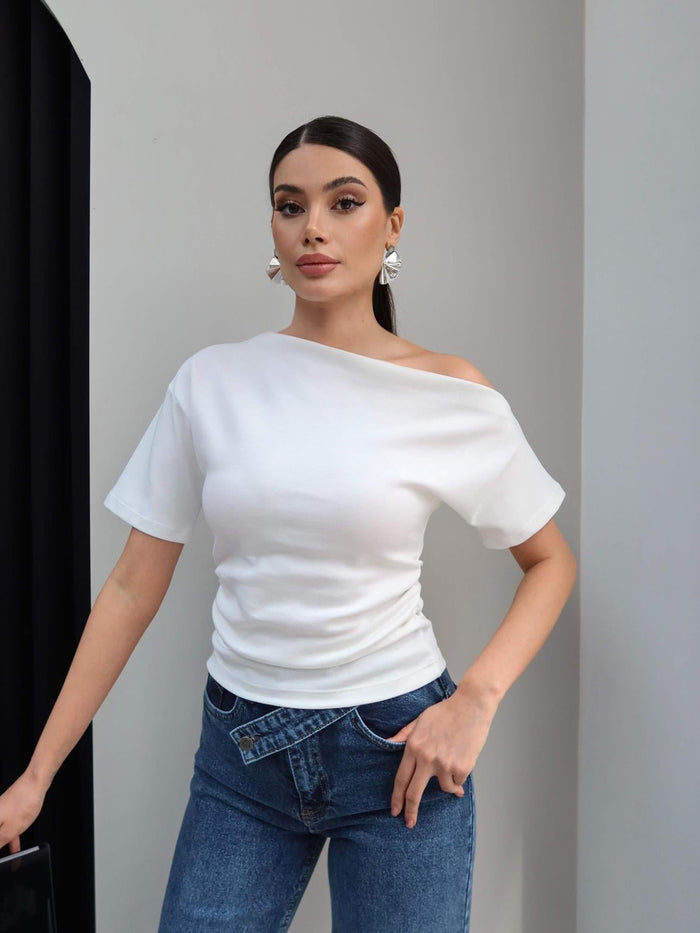 One-Shoulder Blouse with Side Gathering