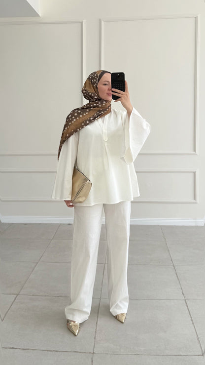 Wide sleeve blouse with waistband straight leg trouser linen set