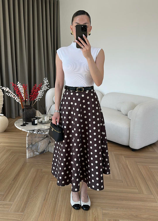 Thick Satin Polka Dot Skirt - BITTER BROWN