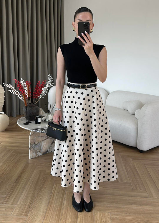 Thick Satin Polka Dot Skirt - beige
