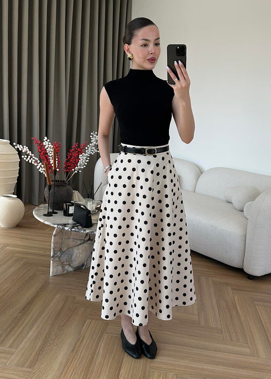 Thick Satin Polka Dot Skirt - beige