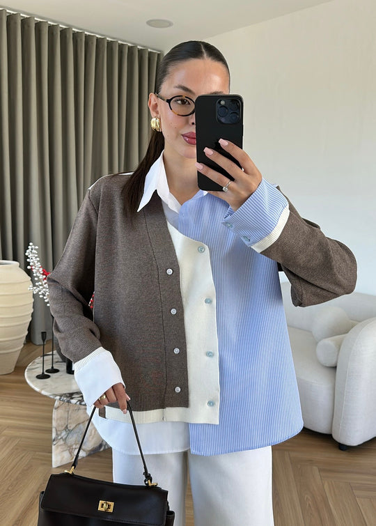 Knitted Detail Shirt  - Mocha Brown