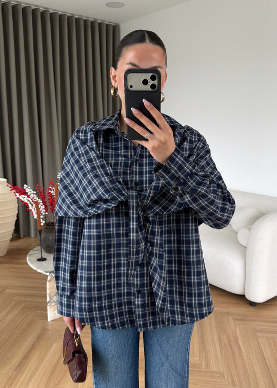 Navy Blue Plaid Cape Shirt