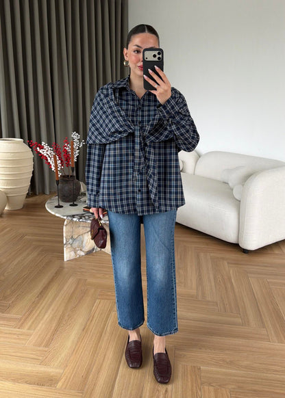 Navy Blue Plaid Cape Shirt