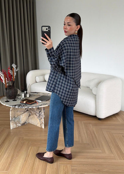 Navy Blue Plaid Cape Shirt