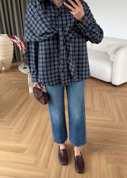 Navy Blue Plaid Cape Shirt