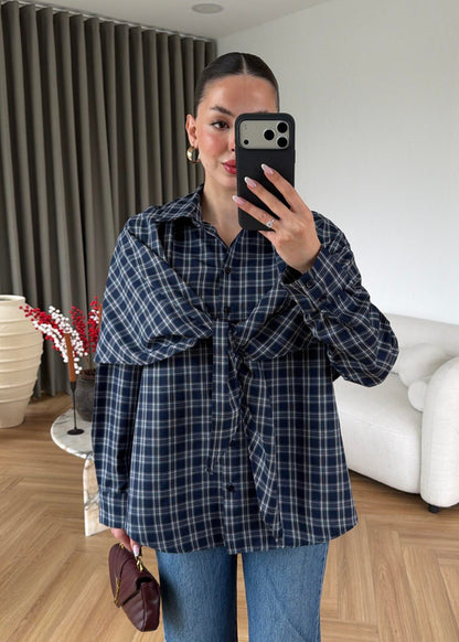 Navy Blue Plaid Cape Shirt
