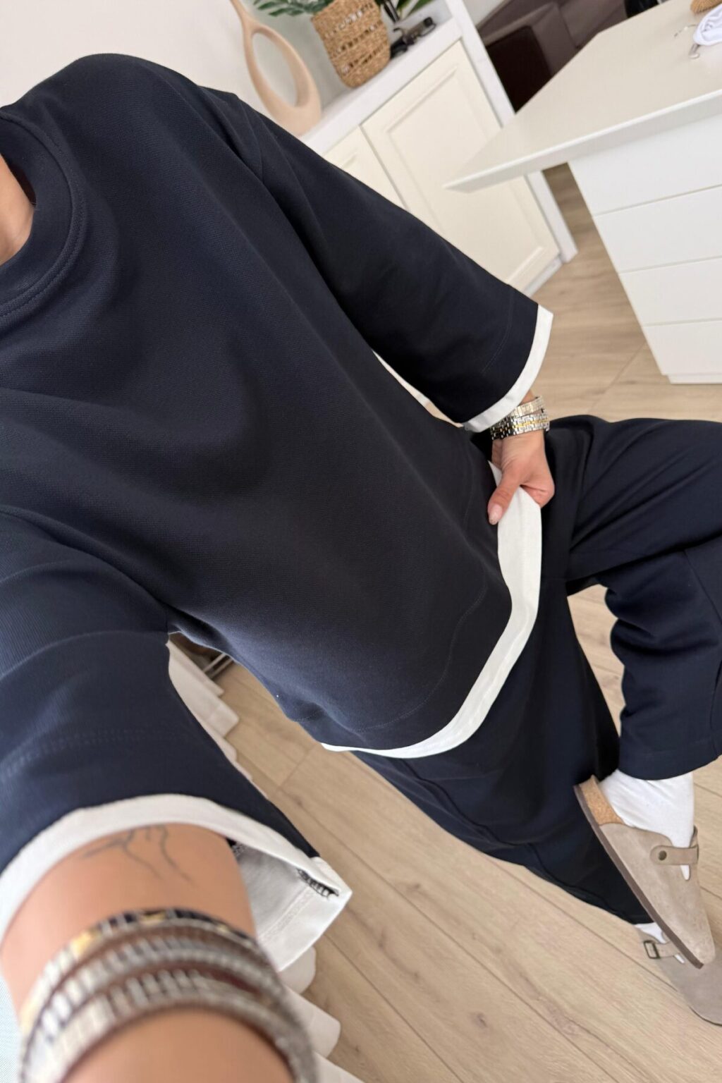 T-shirt Detail Sweatshirt Pants cotton Set -navy blue