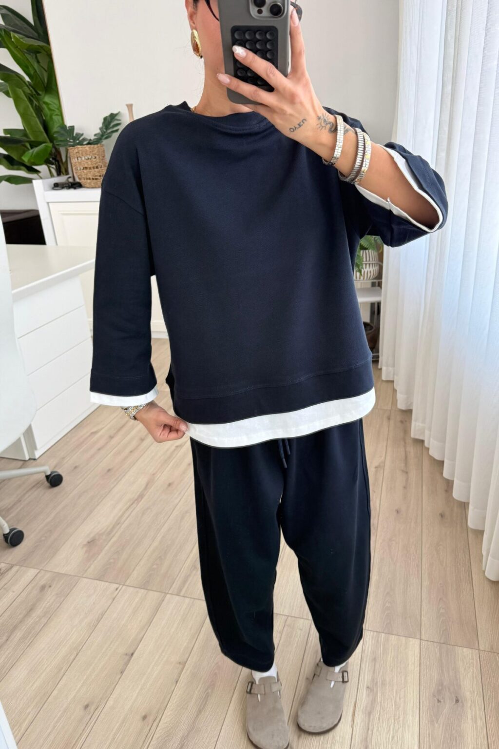 T-shirt Detail Sweatshirt Pants cotton Set -navy blue