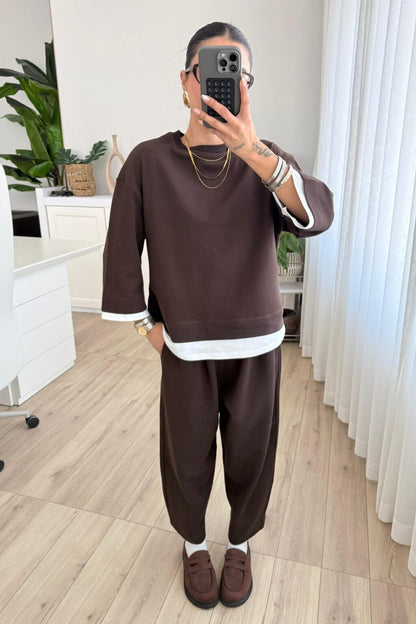 T-shirt Detail Sweatshirt Pants cotton Set -brown