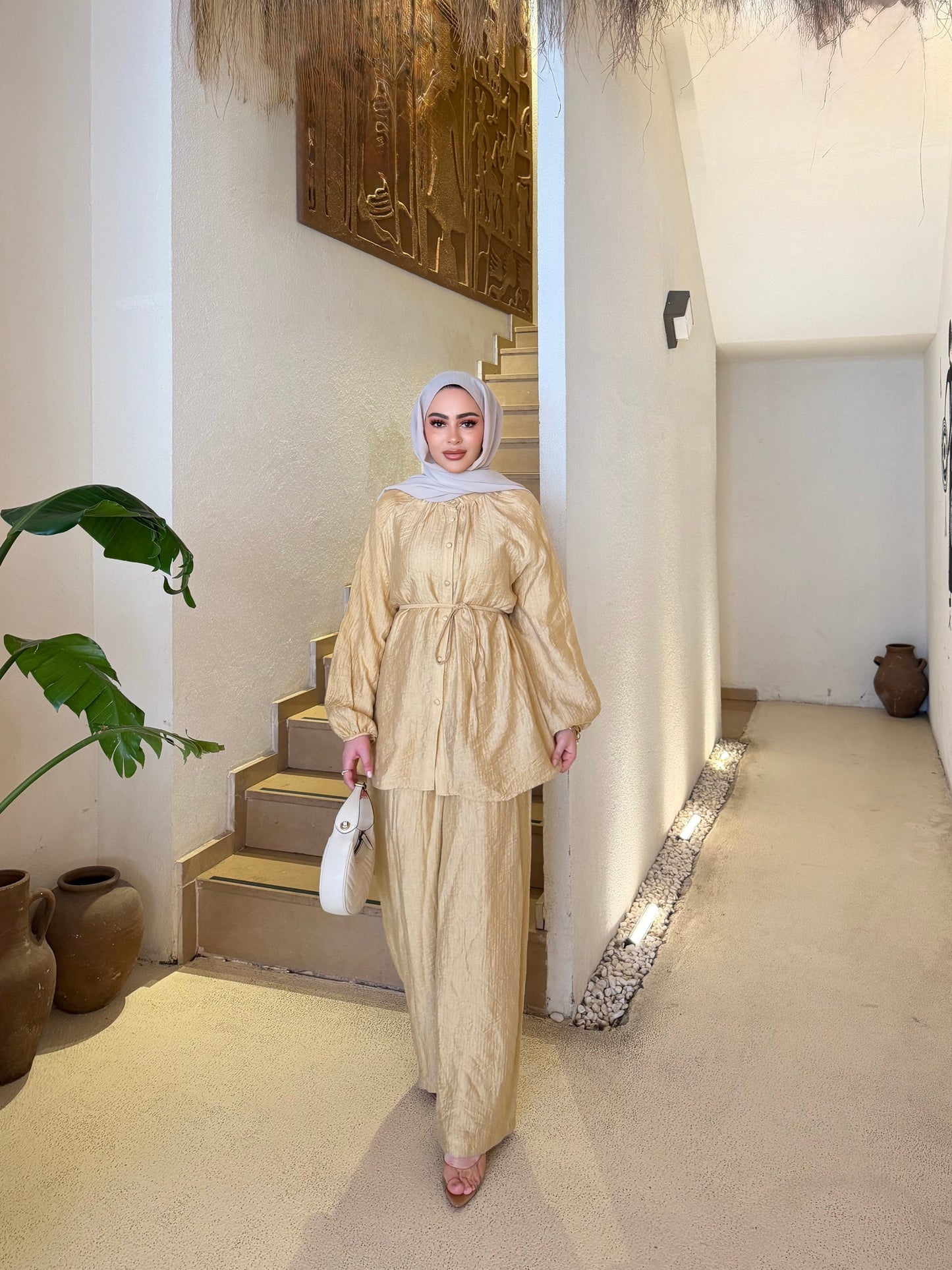 Textured Charmeuse fabric co-ord set - light yellow
