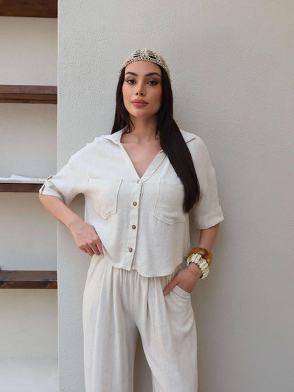 V-Neck Linen Two-Piece Set