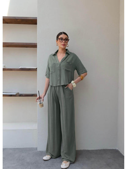 V-Neck Linen Two-Piece Set