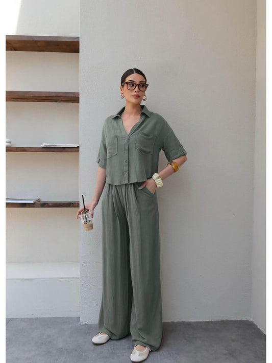 V-Neck Linen Two-Piece Set