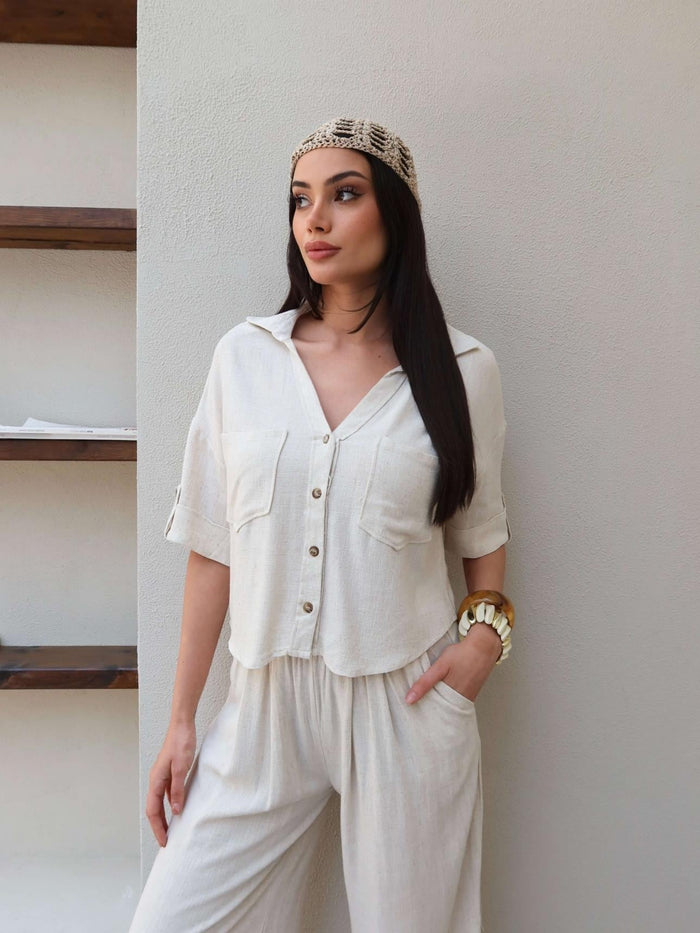 V-Neck Linen Two-Piece Set