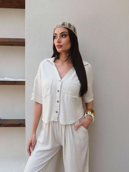 V-Neck Linen Two-Piece Set