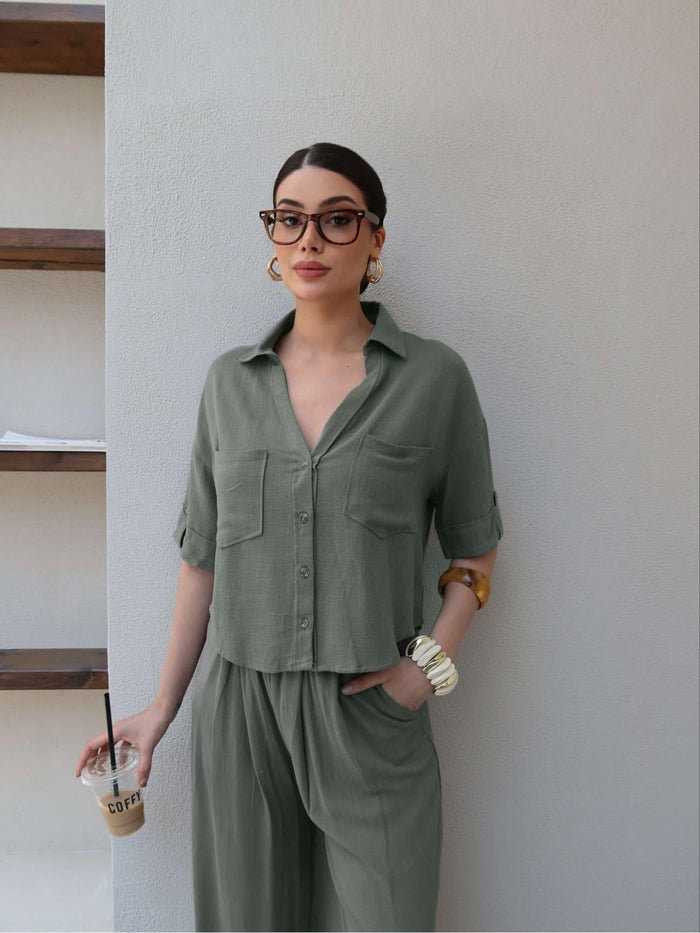V-Neck Linen Two-Piece Set
