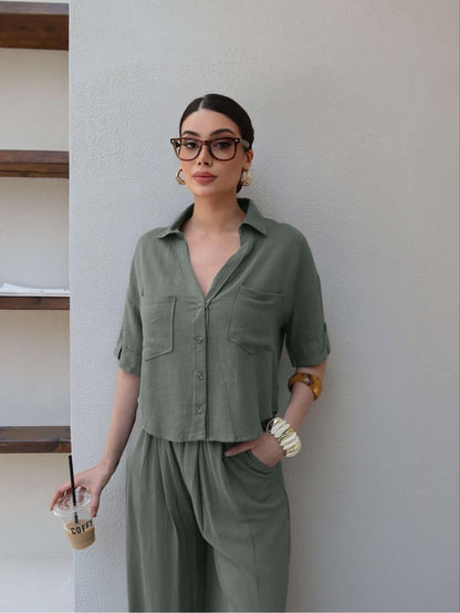 V-Neck Linen Two-Piece Set