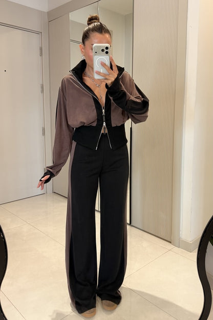 Double-Zip Stand-Up Collar Modal Suit - brown
