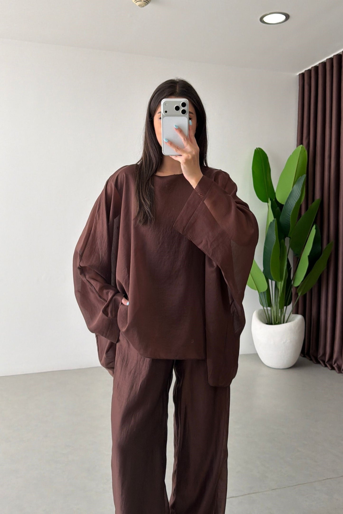 Oversized Batwing Top with Wide-Leg Pants chiffon Set