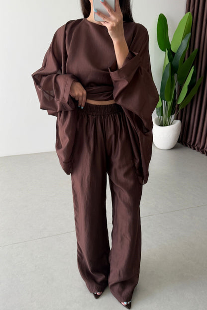 Oversized Batwing Top with Wide-Leg Pants chiffon Set