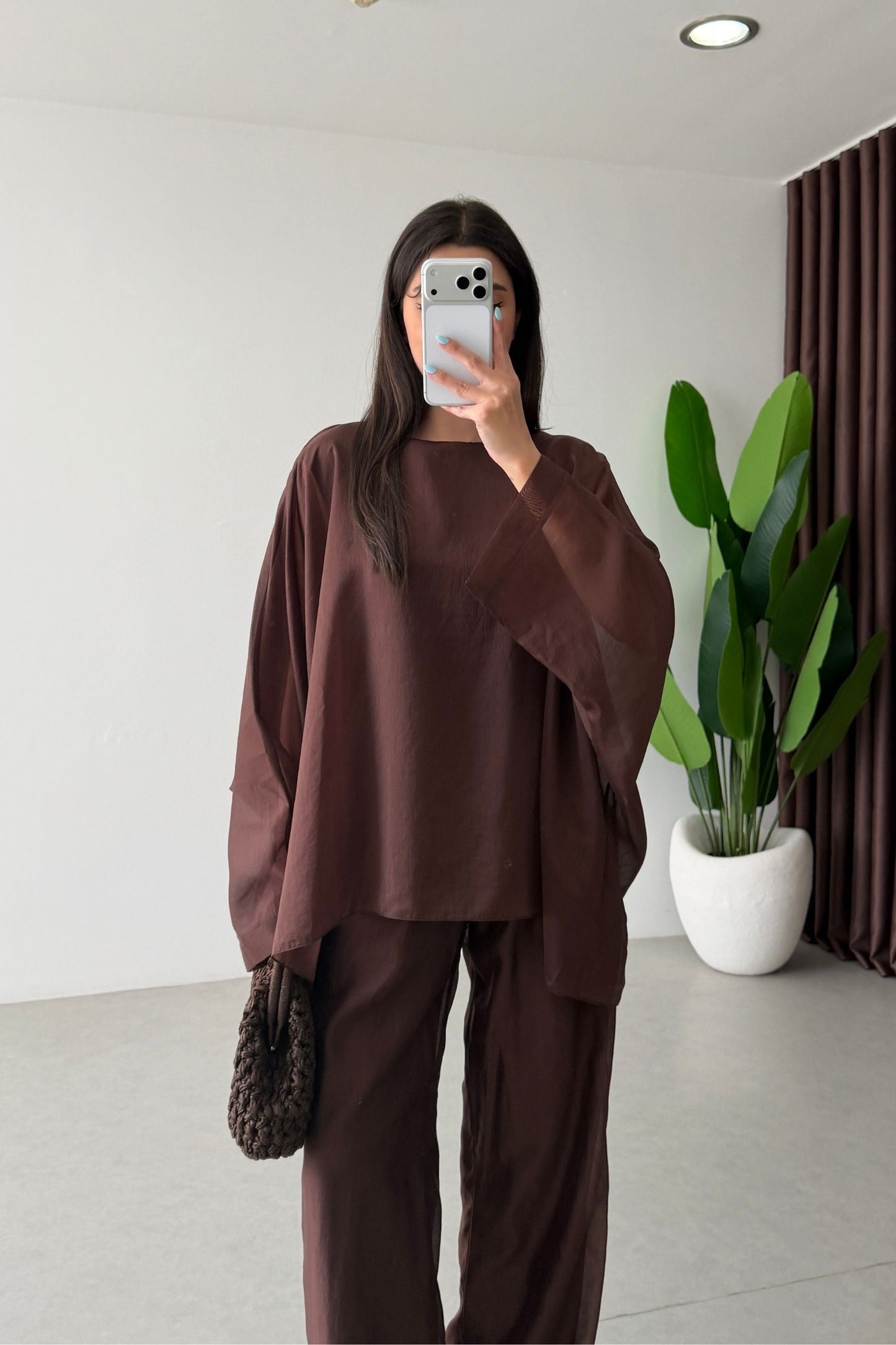 Oversized Batwing Top with Wide-Leg Pants chiffon Set