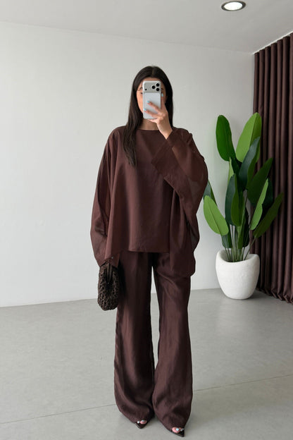 Oversized Batwing Top with Wide-Leg Pants chiffon Set