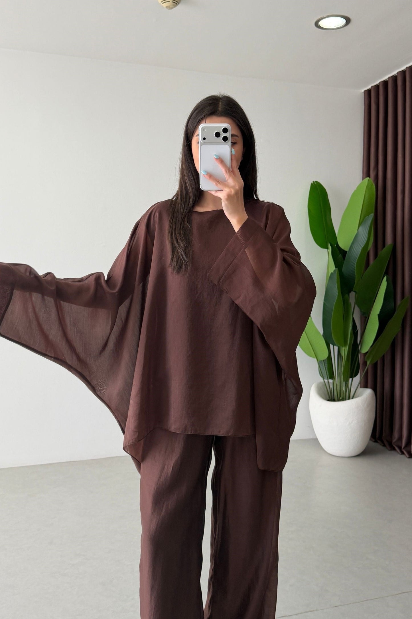 Oversized Batwing Top with Wide-Leg Pants chiffon Set