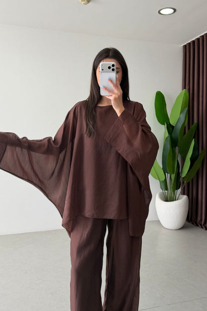 Oversized Batwing Top with Wide-Leg Pants chiffon Set