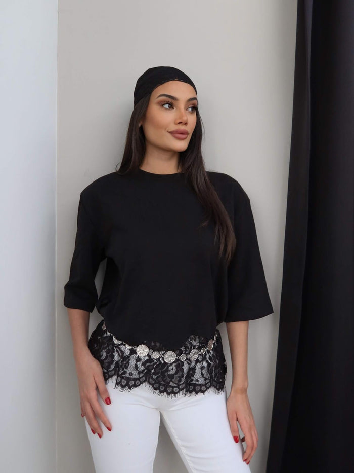 Padded Hem Lace T-shirt - black