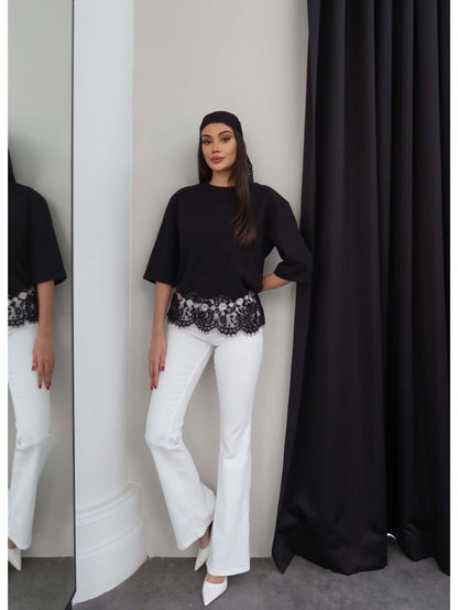 Padded Hem Lace T-shirt - black