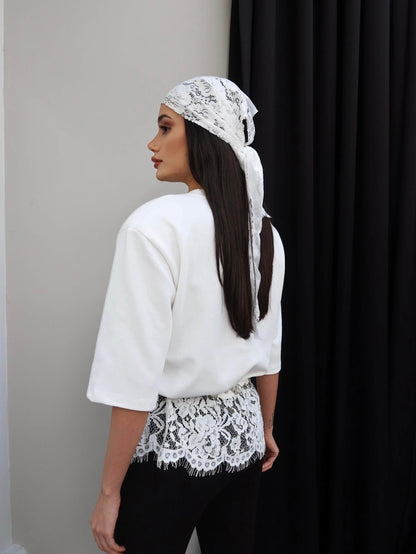 Padded Hem Lace T-shirt - white