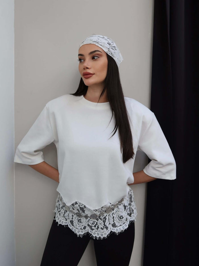 Padded Hem Lace T-shirt - white