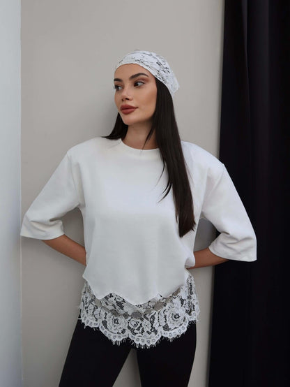 Padded Hem Lace T-shirt - white