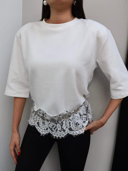 Padded Hem Lace T-shirt - white