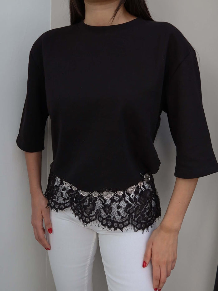 Padded Hem Lace T-shirt - black