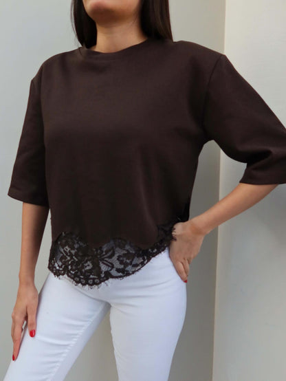 Padded Hem Lace T-shirt - brown