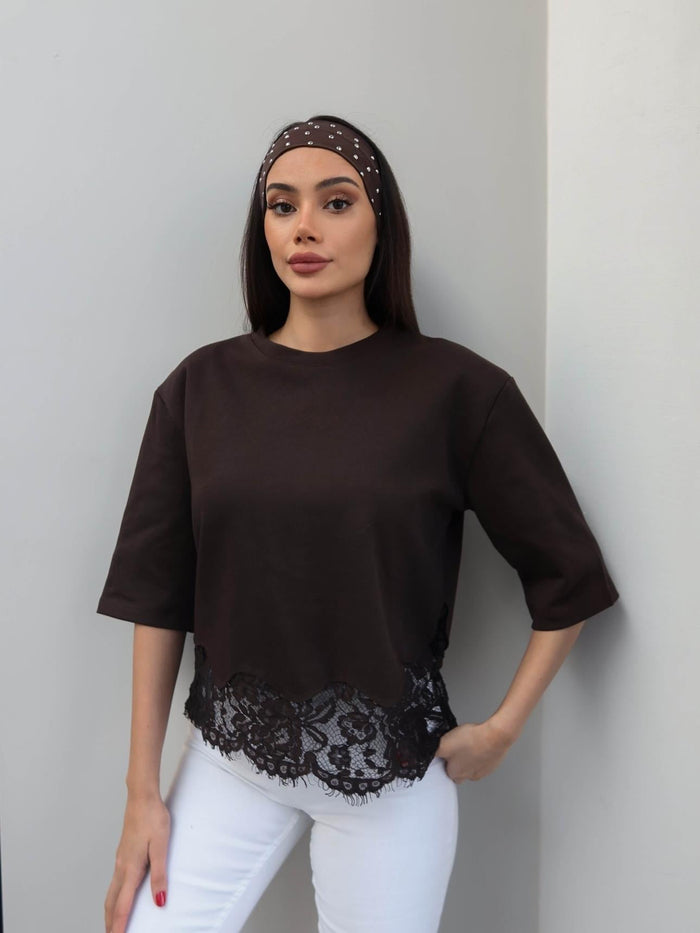 Padded Hem Lace T-shirt - brown
