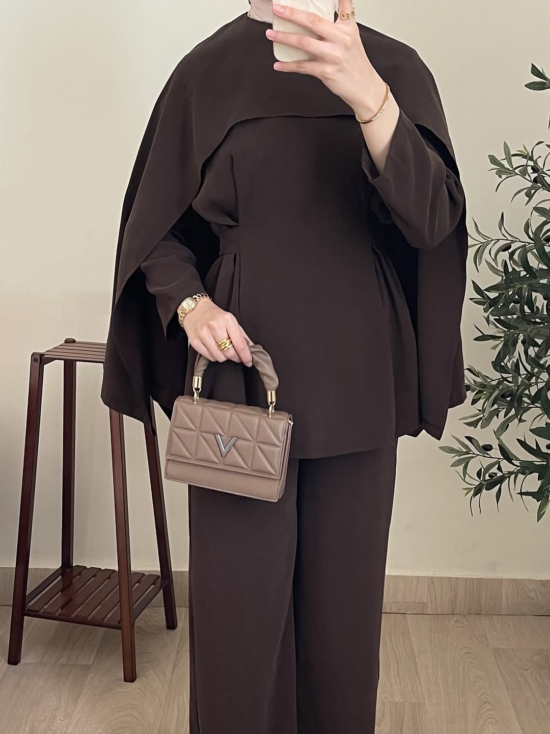 Brown Cape Style Two-Piece Set