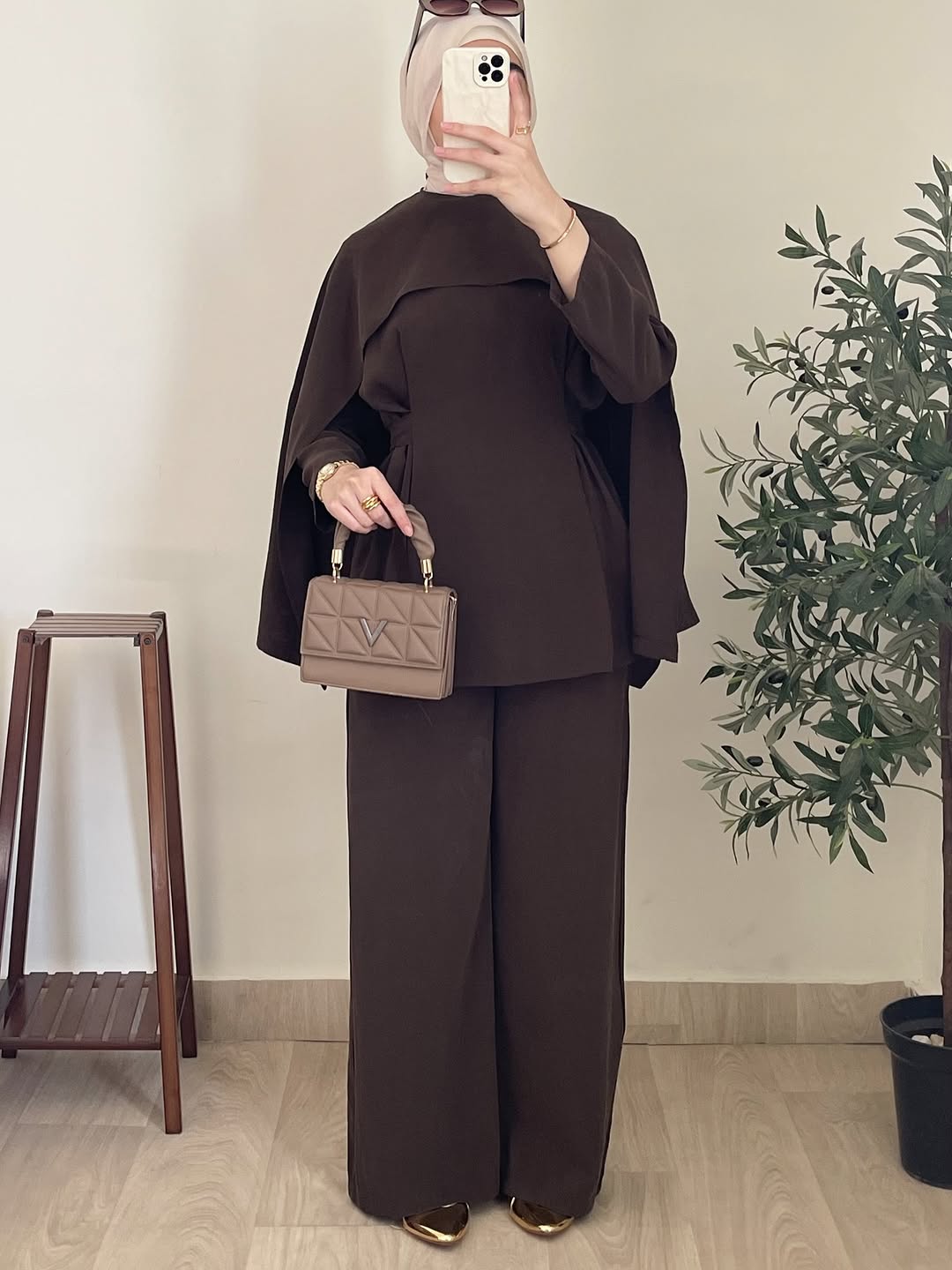 Brown Cape Style Two-Piece Set