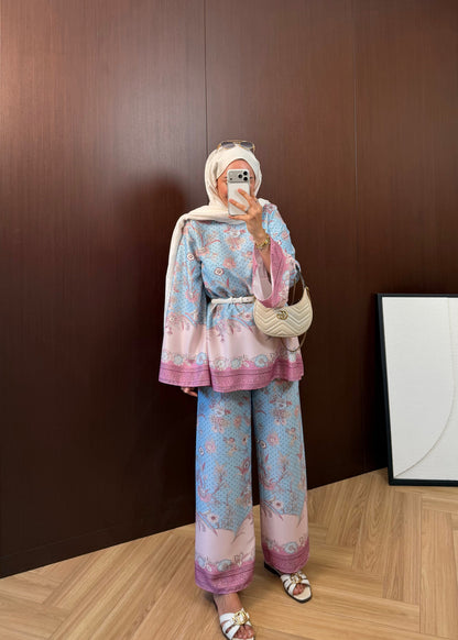 Printed satin Wide sleeve blouse with waistband wide leg trouser co-ord set