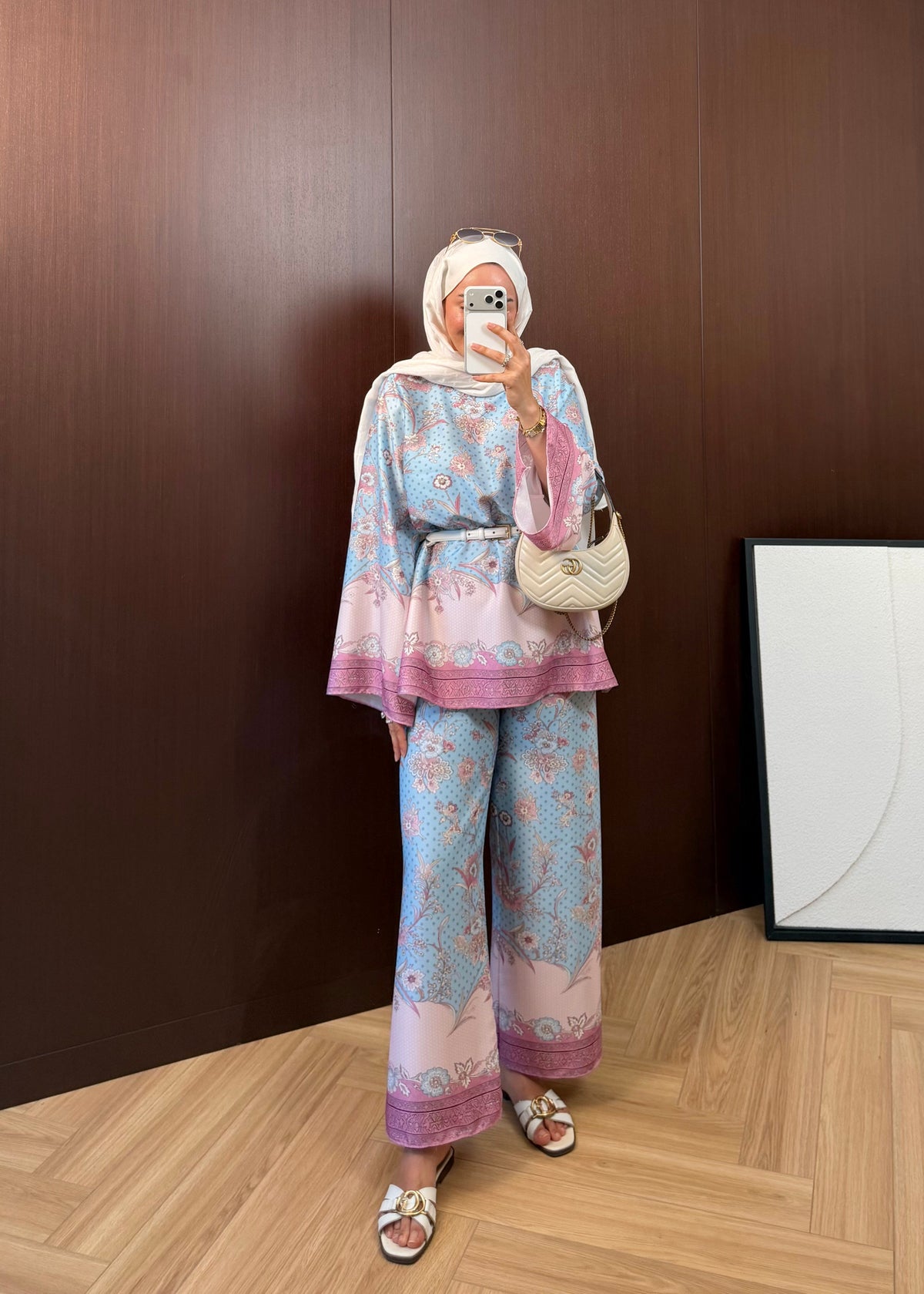 Printed satin Wide sleeve blouse with waistband wide leg trouser co-ord set