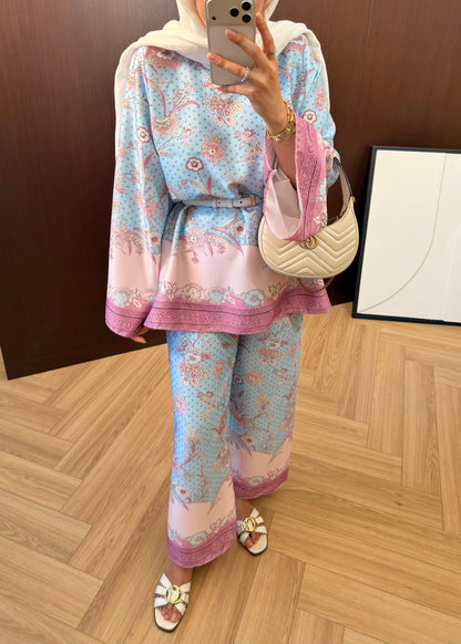 Printed satin Wide sleeve blouse with waistband wide leg trouser co-ord set