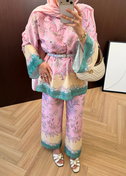 Printed satin Wide sleeve blouse with waistband wide leg trouser co-ord set