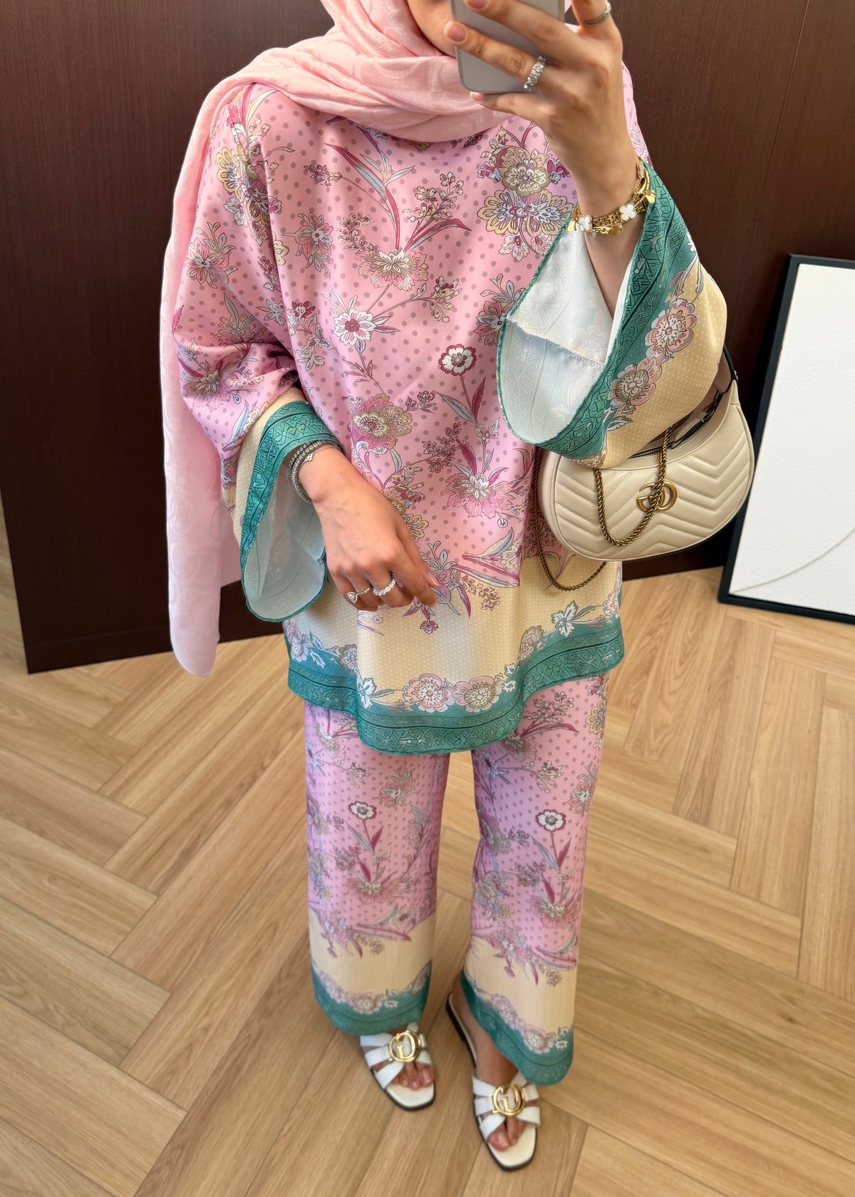Printed satin Wide sleeve blouse with waistband wide leg trouser co-ord set