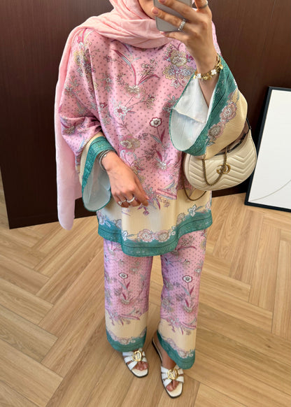 Printed satin Wide sleeve blouse with waistband wide leg trouser co-ord set