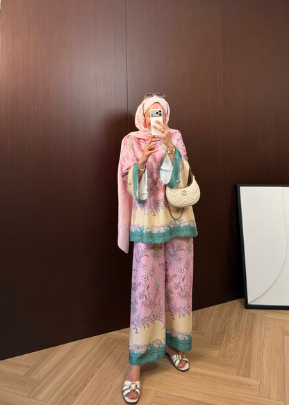 Printed satin Wide sleeve blouse with waistband wide leg trouser co-ord set